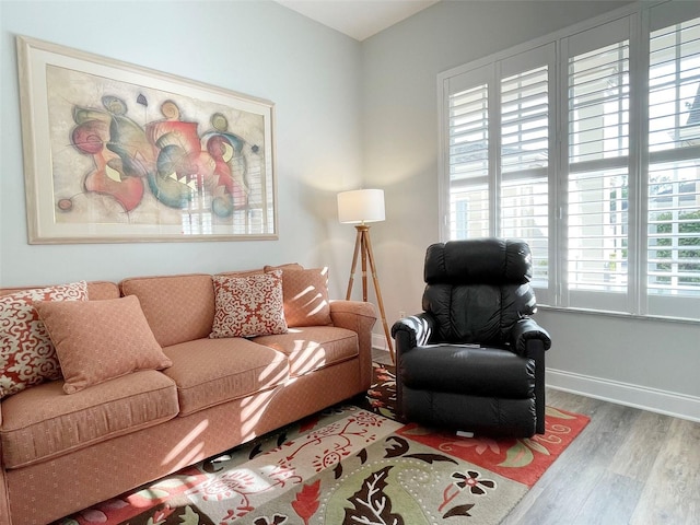 living area featuring baseboards and wood finished floors