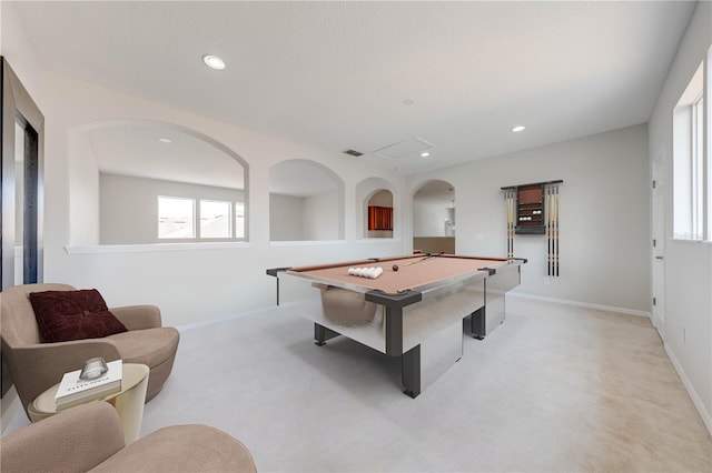 playroom with recessed lighting, light colored carpet, and pool table