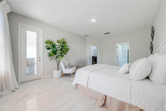 bedroom featuring baseboards, visible vents, and marble finish floor