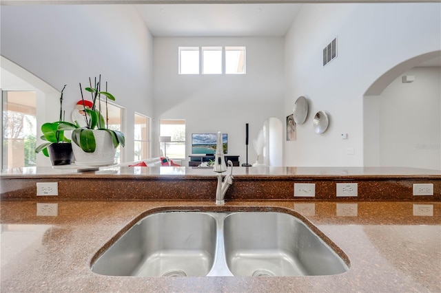 details featuring stone countertops, visible vents, and a sink