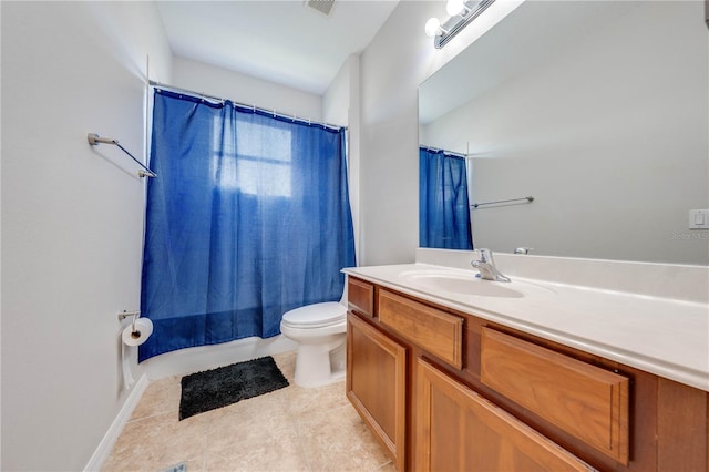 full bath featuring vanity, toilet, visible vents, and tile patterned flooring