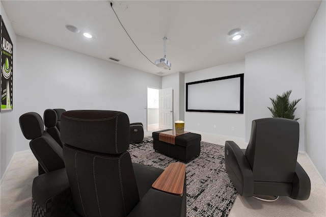 carpeted cinema featuring recessed lighting, baseboards, and visible vents