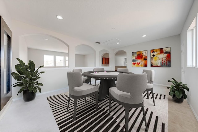 dining room featuring recessed lighting, visible vents, and baseboards