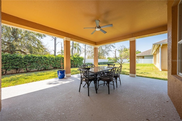 view of patio with ceiling fan, a fenced backyard, and outdoor dining space