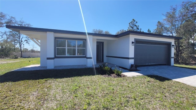 ranch-style home with stucco siding, decorative driveway, a front yard, and an attached garage