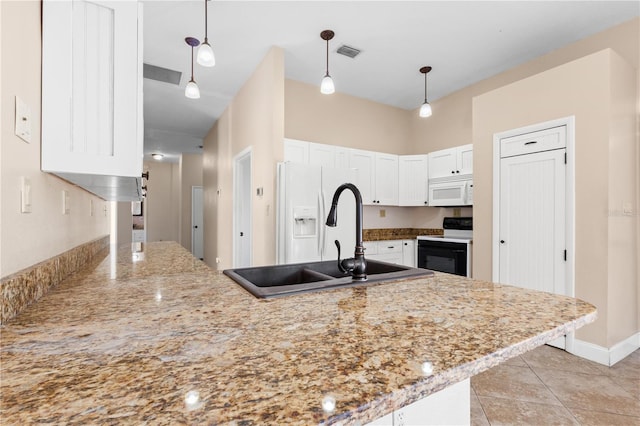 kitchen with visible vents, pendant lighting, white cabinets, white appliances, and a sink