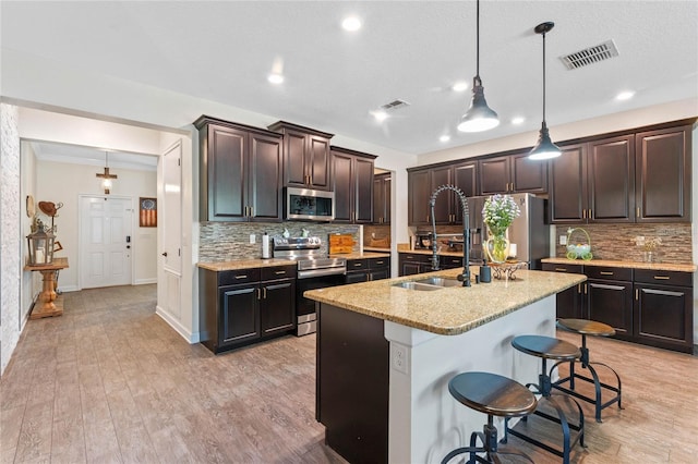 kitchen featuring a sink, stainless steel appliances, visible vents, and light wood finished floors