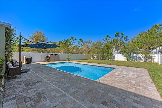 view of swimming pool with a lawn, a patio, a fenced backyard, and a fenced in pool