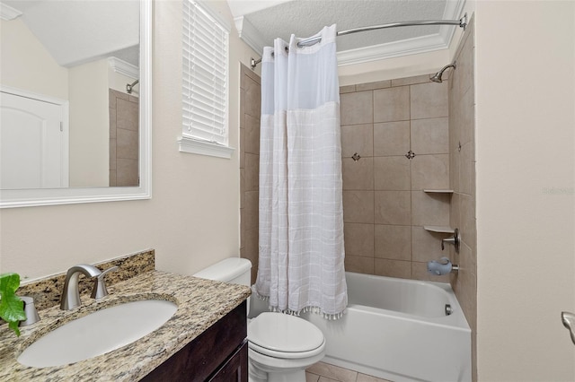 full bath featuring toilet, a textured ceiling, crown molding, shower / tub combo, and vanity