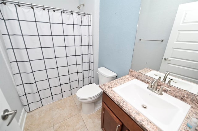 full bath featuring vanity, a shower with shower curtain, toilet, and tile patterned flooring