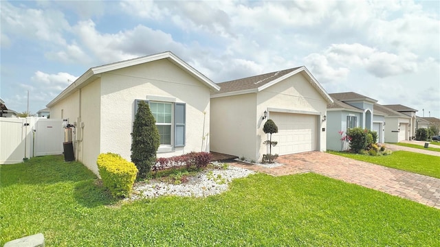 ranch-style home with stucco siding, decorative driveway, a garage, and a gate