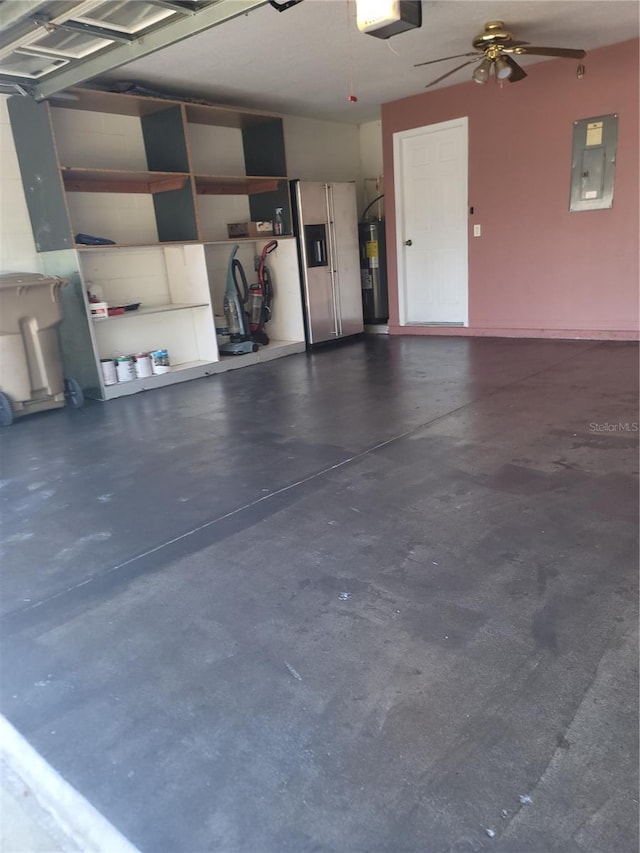 garage with electric panel, electric water heater, a garage door opener, and ceiling fan