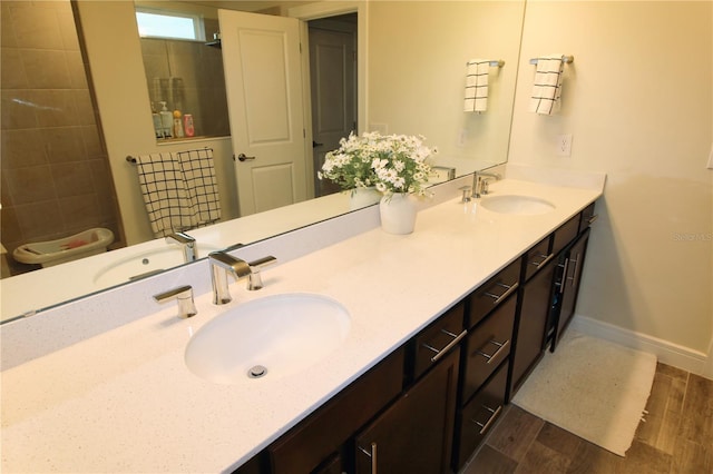 full bath featuring a sink, wood finished floors, and double vanity