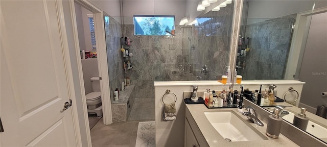 full bathroom featuring vanity, toilet, and a tile shower