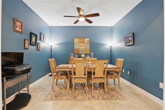 dining space featuring baseboards and ceiling fan