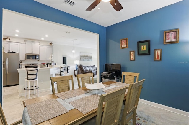 dining room featuring visible vents, recessed lighting, a toaster, baseboards, and ceiling fan