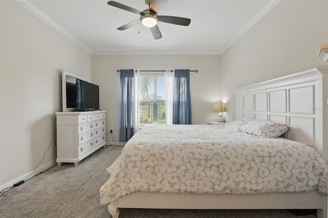 bedroom with light carpet, ceiling fan, baseboards, and ornamental molding