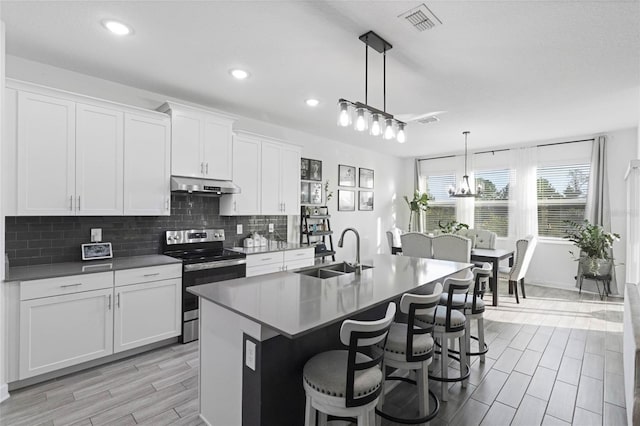 kitchen featuring a sink, decorative backsplash, electric stove, under cabinet range hood, and white cabinetry