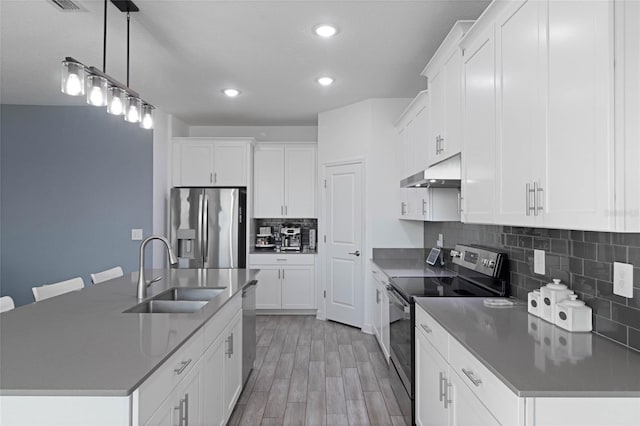 kitchen with tasteful backsplash, under cabinet range hood, appliances with stainless steel finishes, light wood-style floors, and a sink