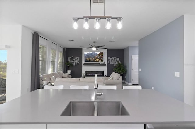 kitchen with a sink, open floor plan, a healthy amount of sunlight, and a glass covered fireplace