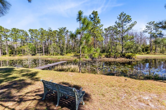 exterior space featuring a lawn and a water view