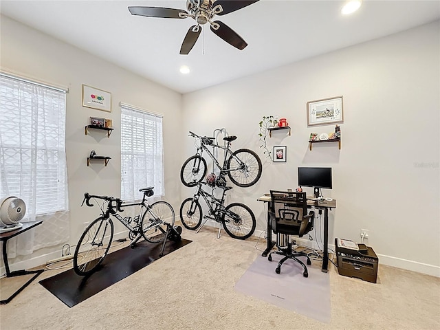 carpeted office featuring recessed lighting, a ceiling fan, and baseboards