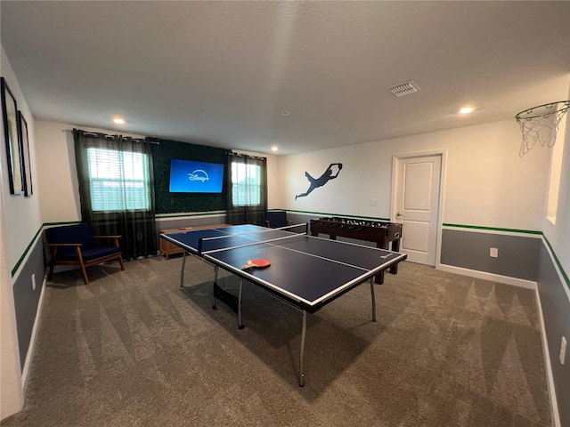 game room with visible vents, carpet floors, and plenty of natural light