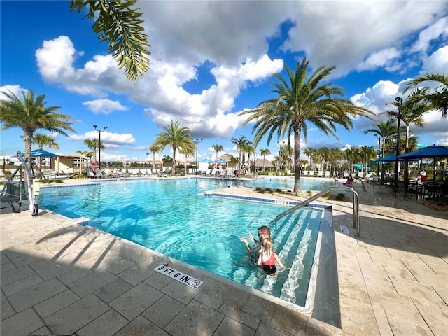 community pool with a patio area