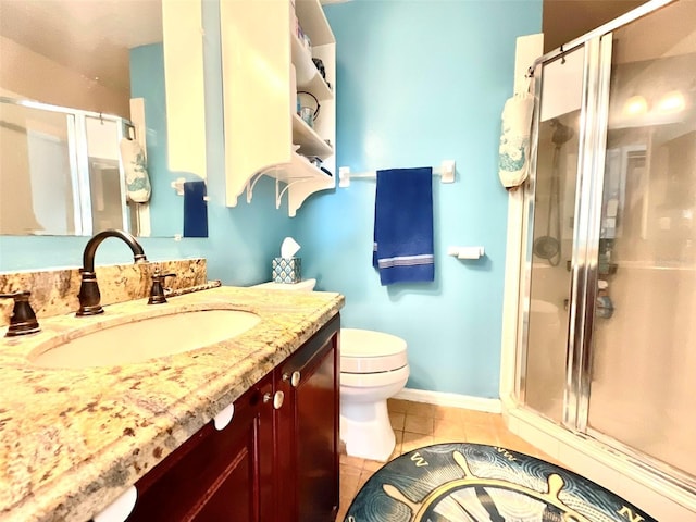 full bath featuring a stall shower, vanity, and tile patterned flooring