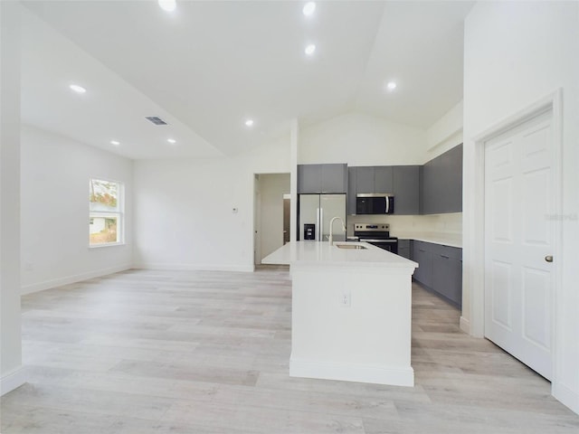 kitchen featuring visible vents, gray cabinets, a sink, light countertops, and appliances with stainless steel finishes