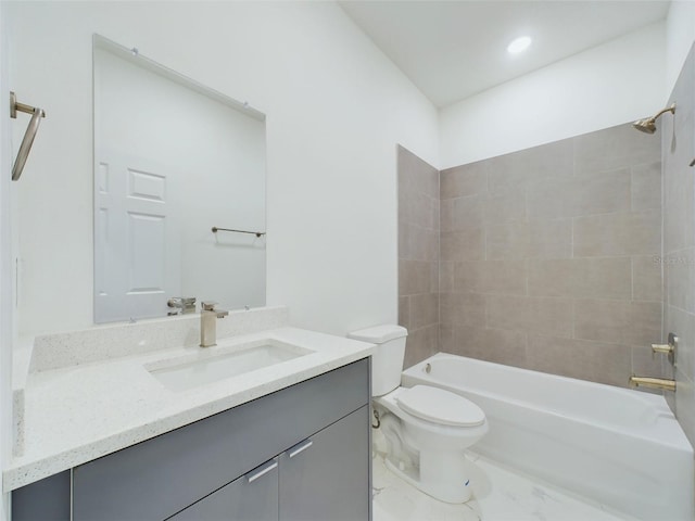 full bathroom with vanity, toilet, bathtub / shower combination, and recessed lighting