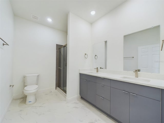 full bath featuring visible vents, marble finish floor, toilet, and a sink