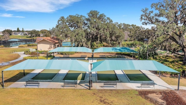 view of swimming pool with a lawn