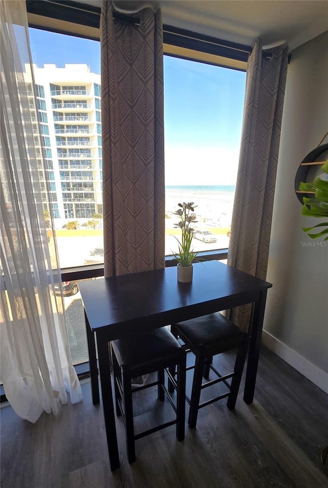 dining space with baseboards and wood finished floors