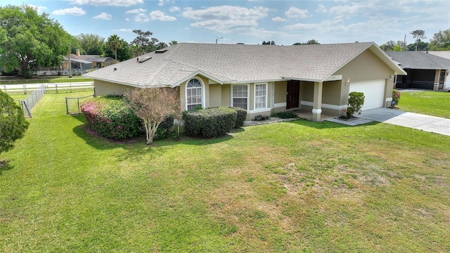 ranch-style home with concrete driveway, an attached garage, fence, and stucco siding