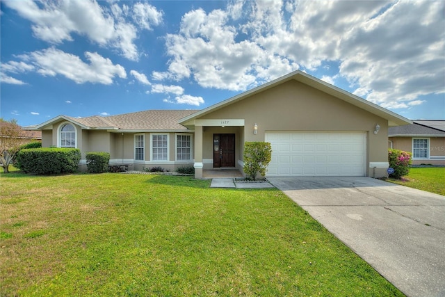 ranch-style house with stucco siding, driveway, a garage, and a front yard