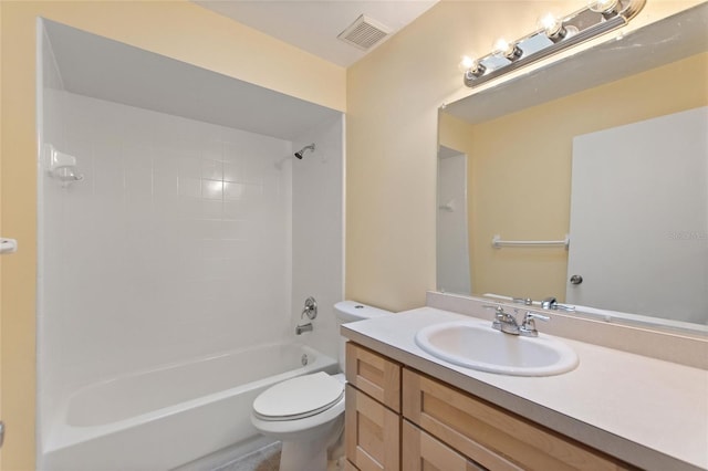 full bath featuring tub / shower combination, visible vents, toilet, and vanity