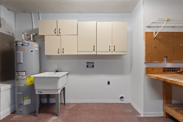 laundry room with electric water heater, washer hookup, cabinet space, hookup for an electric dryer, and a textured ceiling