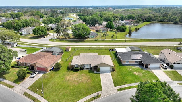 bird's eye view featuring a residential view and a water view