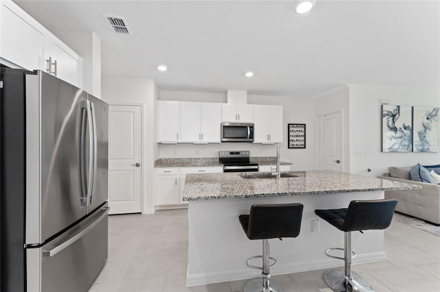 kitchen with visible vents, a sink, white cabinetry, stainless steel appliances, and a breakfast bar area