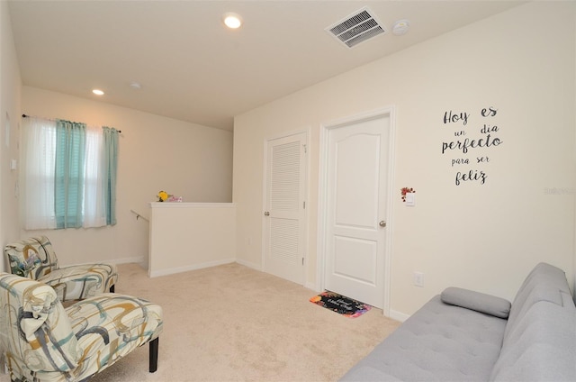 sitting room featuring recessed lighting, visible vents, carpet flooring, and baseboards