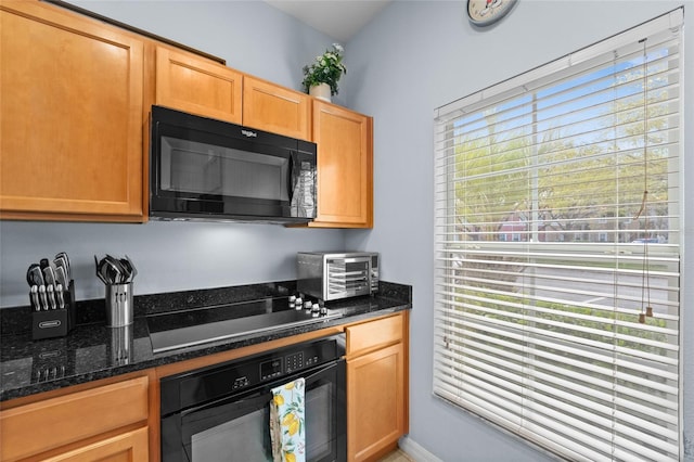 kitchen with a toaster, dark stone countertops, and black appliances