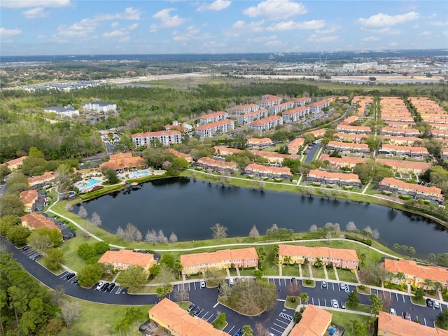 drone / aerial view with a water view