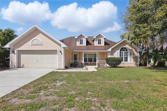 cape cod home featuring a front lawn, roof with shingles, concrete driveway, and an attached garage