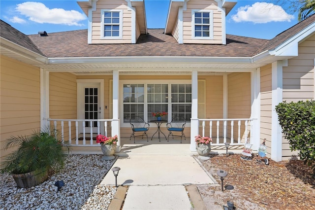 property entrance with covered porch and a shingled roof