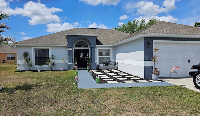 633 Kangaroo Dr, Kissimmee, FL 34759 - ranch-style house with a shingled roof, stucco siding, a garage, and a front lawn