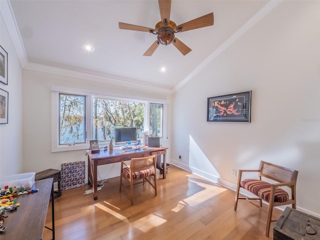 office area featuring recessed lighting, light wood-style floors, crown molding, baseboards, and vaulted ceiling