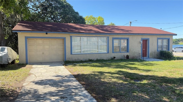 single story home featuring concrete driveway, an attached garage, a front lawn, and stucco siding