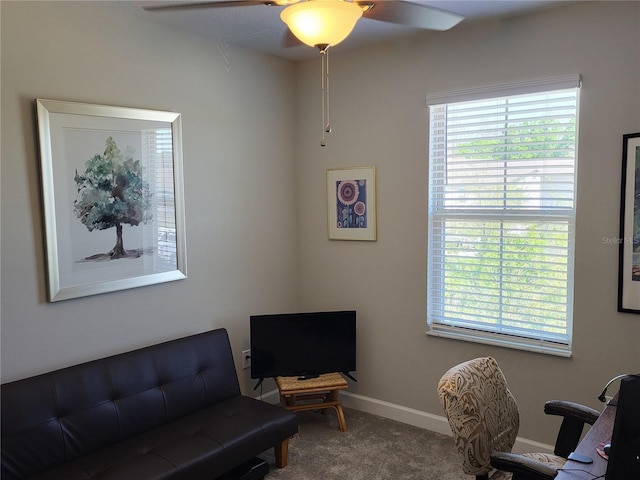 office space featuring carpet flooring, a ceiling fan, and baseboards