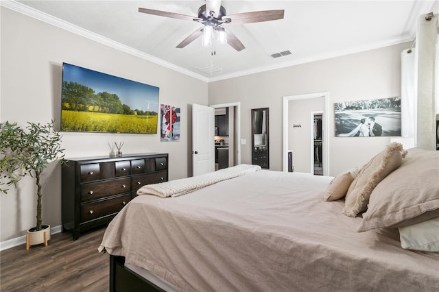 bedroom with a ceiling fan, crown molding, visible vents, and dark wood-type flooring